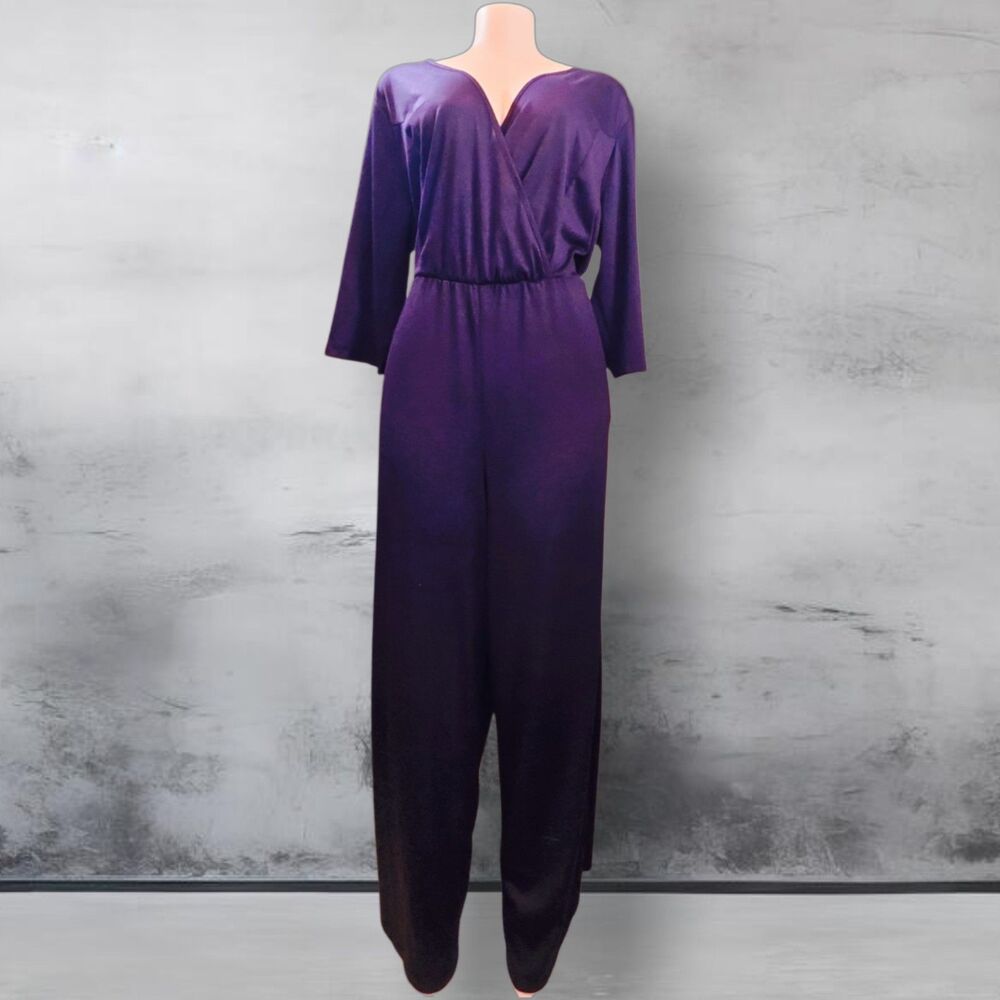 Vintage 80s 90s Jazz USA Royal Purple Wide Leg Plunge Jumpsuit 3X